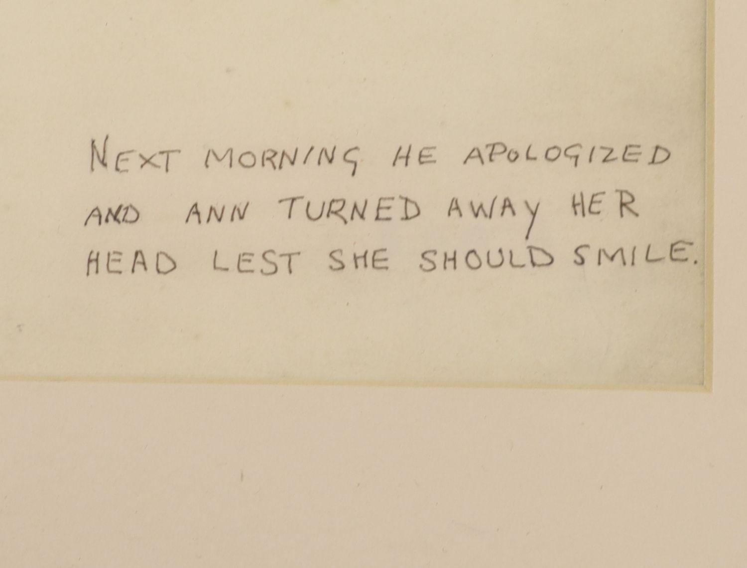 Marjorie Dericourt (Exh.1931-34), watercolour en grisaille, book illustration 'Next Morning he apologised and turned away her head lest she should smile', Abbott & Holder label verso, 37 x 27cm